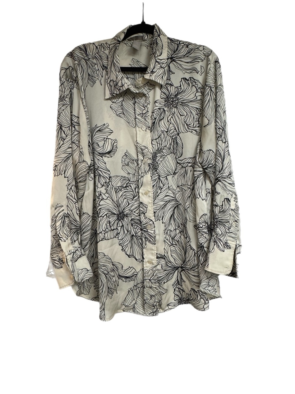 H&M Cream Button-Up Blouse with Black Floral Line Print